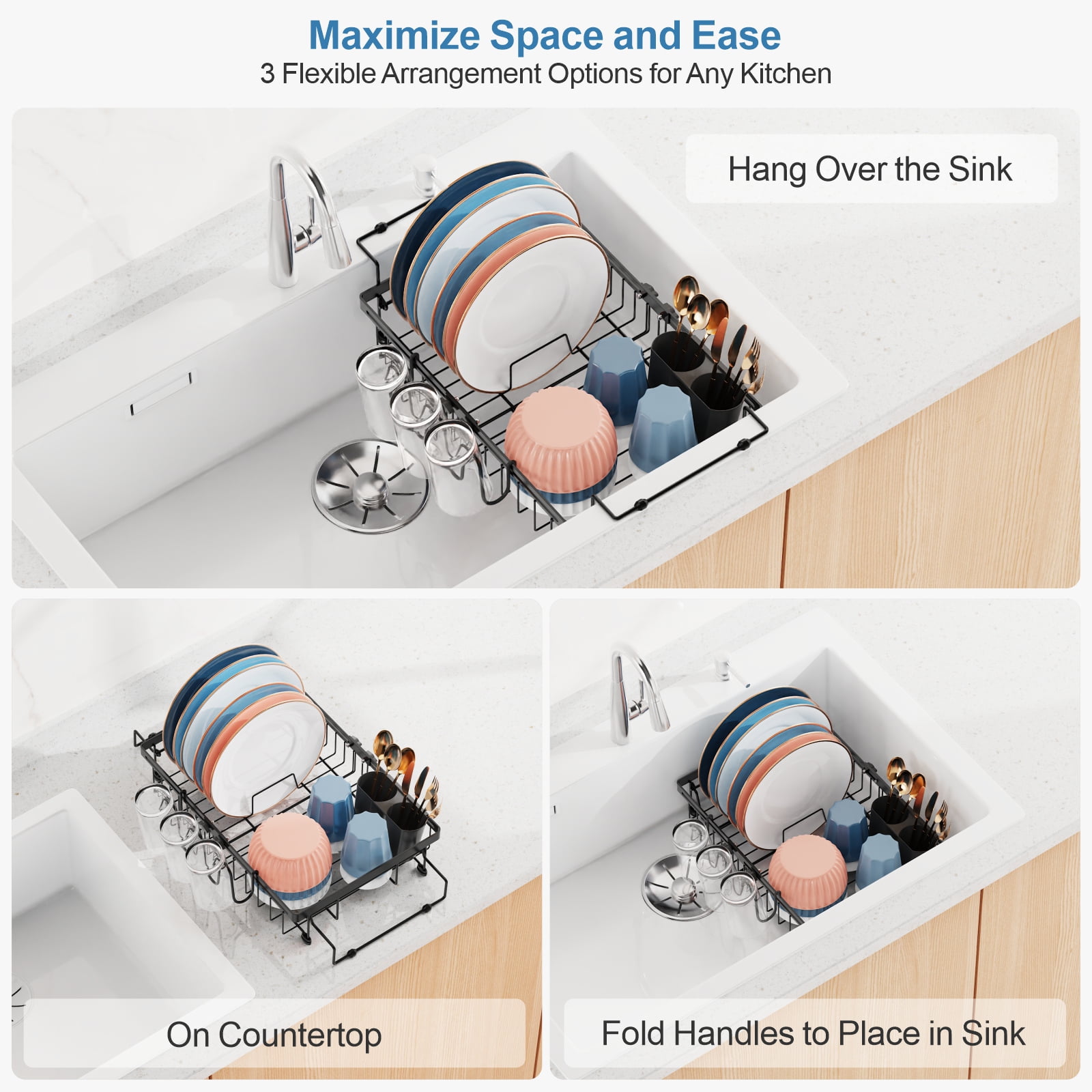 iSPECLE in Sink Dish Drying Rack - Expandable Over Sink Dish Rack with Cup Holder, Dish Drainer for Kitchen Counter with Utensil Holder Large Capacity, Fit 12.4"-18.7" Sink, Black