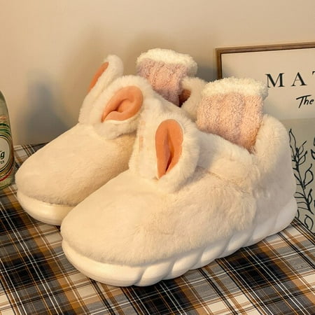 

CoCopeanut Cute Rabbit Cotton Slippers Woman Cute Cartoon Plush Shoes Slides Winter Indoor Warm Fluffy Platform Female Home Cotton Slipper