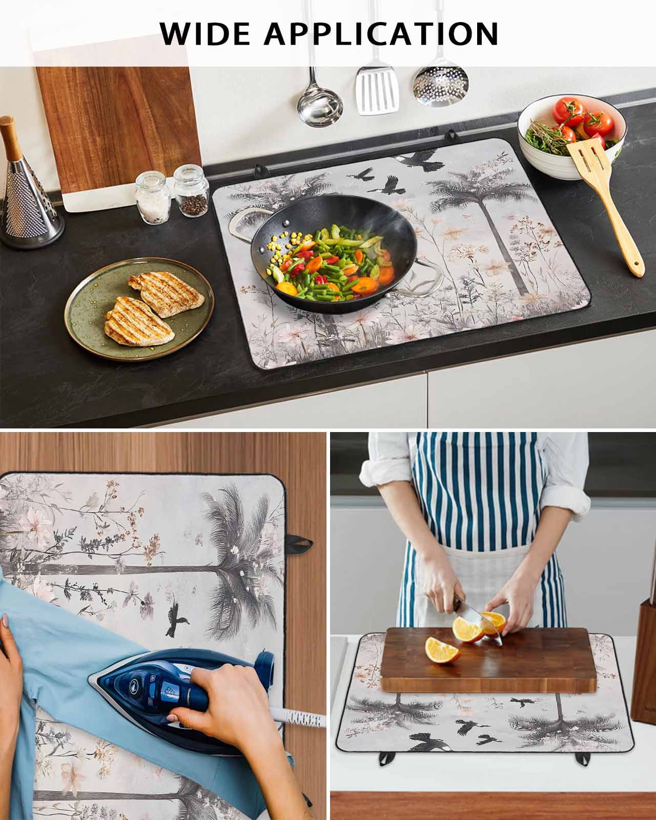 nqOlkjepod Large Induction Cooktop Protector Mat 36"x21", Spring Floral Stove Top Covers for Electric Stove, Watercolor Birds Palm Tree Botanical Stove Burner Cover Mats, Glass Top Stove Cover