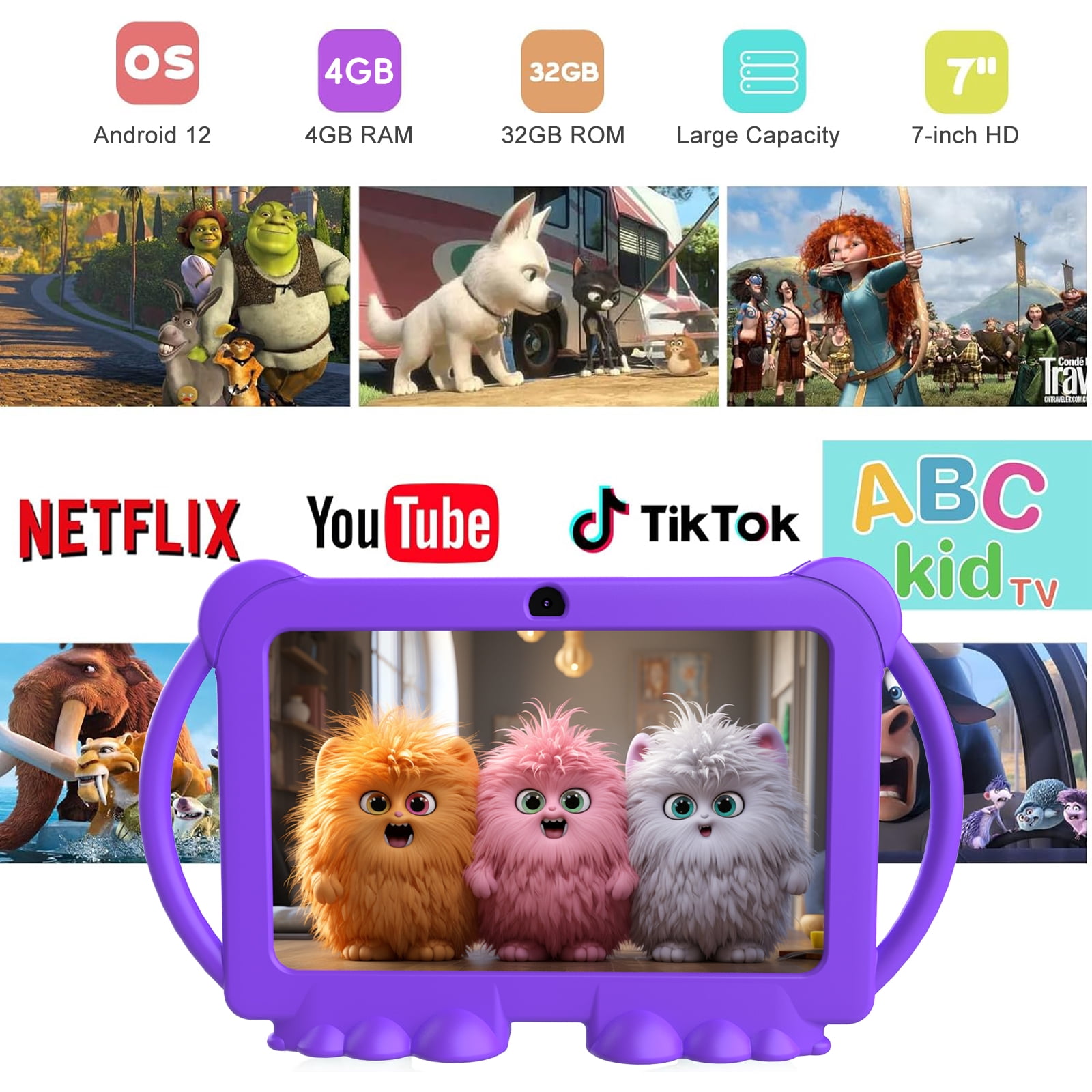 YQSAVIOR Android 12 Kids Tablet 7 inch Tablet for Kids Toddler Tablet 4GB RAM+32GB ROM WiFi Tablet Pre Installed & Parent Control Learning Education Tablet Dual Camera IPS Touch Screen