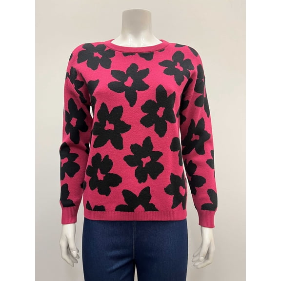 Ninety Women's pullover long sleeve crew neck intarsia flower Sweater .