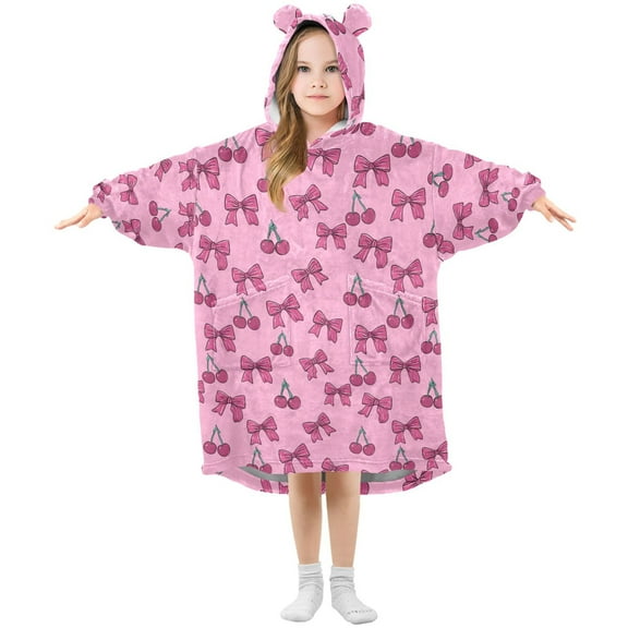 Wearable Blanket Hoodie for Kids Powder-colored Butterfly Silk Flannel Hooded Blanket with Pockets and Sleeves Suitable for Boys and Girls