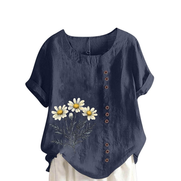 Womens Summer Clothes Round Neck Short Sleeve T-Shirt Daisy Print Tops Button Down Casual Shirts Blusas De Mujer Elegantes