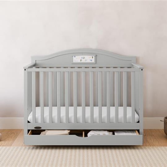 Graco Story Customizable 5-in-1 Convertible Crib with Drawer and Premium Crib & Toddler Mattress Bundle, Pebble Gray