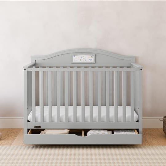 Graco Story 5-in-1 Convertible Baby Crib with Drawer and Reversible Headboard, Pebble Gray