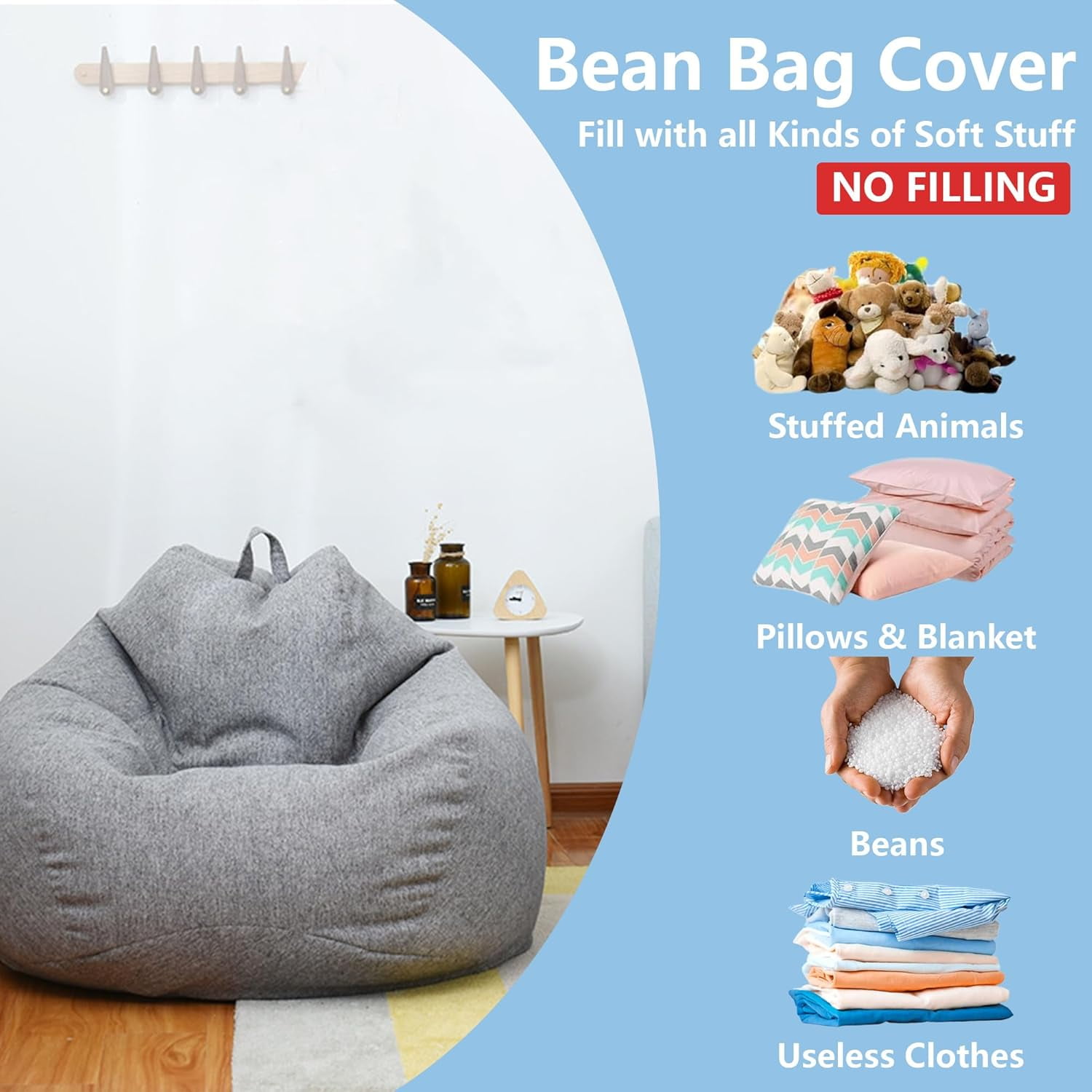 Bean Bag Chair Cover:(No Filler) Stuffed Animal Storage Bean Bag Covers,Soft Cotton Linen Beanbag Chair Cover,Washable Bean Bag Chairs for Kids Adults (Dark Blue, S:27-32inch)
