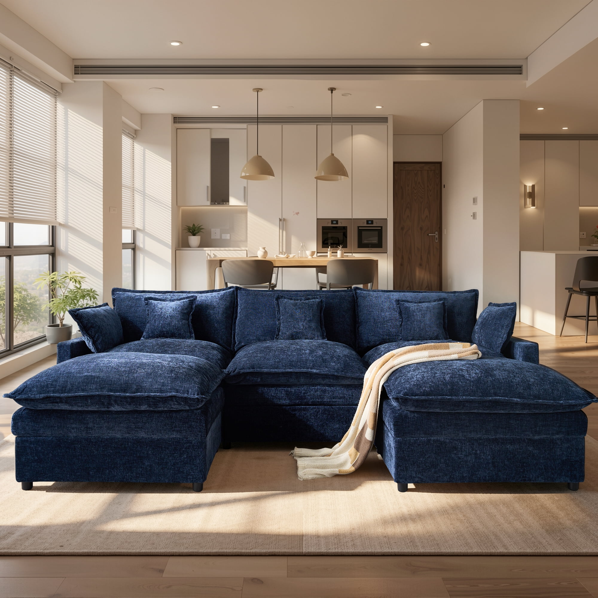 Ovios 108" Modular Sectional Sofa U-Shaped Cloud Couch with 2 Ottomans, Comfy Living Room Furniture, Chenille, Dark Blue