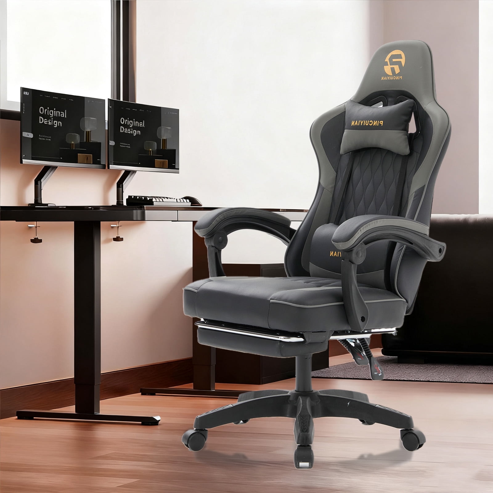 Gaming Chair, Video Game Chair with Retractable Footrest and Lumbar Support, High Back Ergonomic Computer Chair, PU Leather Gamer Chairs