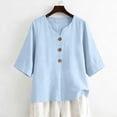 thumbnail image 4 of Women's 3/4 Sleeve Crew Neck T-Shirt, Casual Solid Color Elbow Length Sleeve Top, Soft Stretch Lightweight Basic Pullover Tee for Daily Layering 07-Light Blue L, 4 of 5