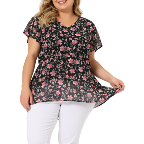 Agnes Orinda Summer Tops for Women 2024 Plus Size V Neck Short Sleeve Layered Casual Floral Blouse 1X Black