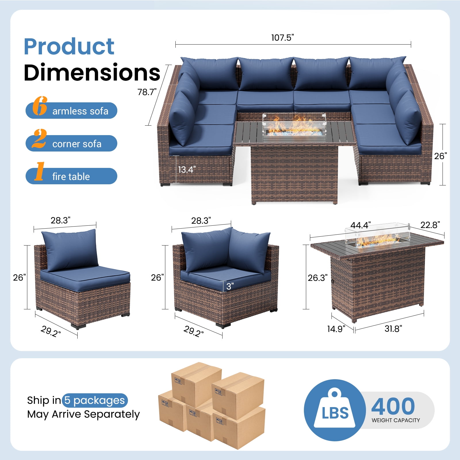 ELPOSUN Patio Furniture Set, Outdoor Patio Furniture Wicker Sectional Furniture Couch Set, 9 Pieces Outdoor Sectional Sofa with Fire Pit Table, Outdoor Patio Set for Outdoor Furniture (Navy Blue)
