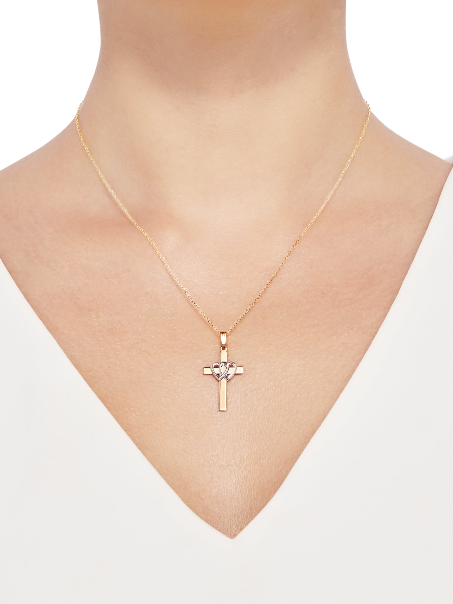 Brilliance Fine Jewelry Cross Double Hearts Pendant in Sterling Silver and 18k Gold Plate, 18"