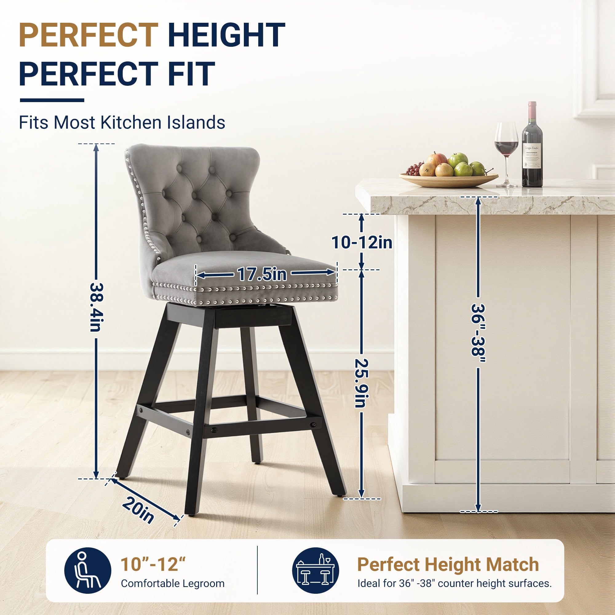 Swivel Bar Stools Set of 4, 26" Counter Height Bar Stools with Back, Farmhouse Velvet Barstools for 34–38" Kitchen Island, Gray (Set of 4)