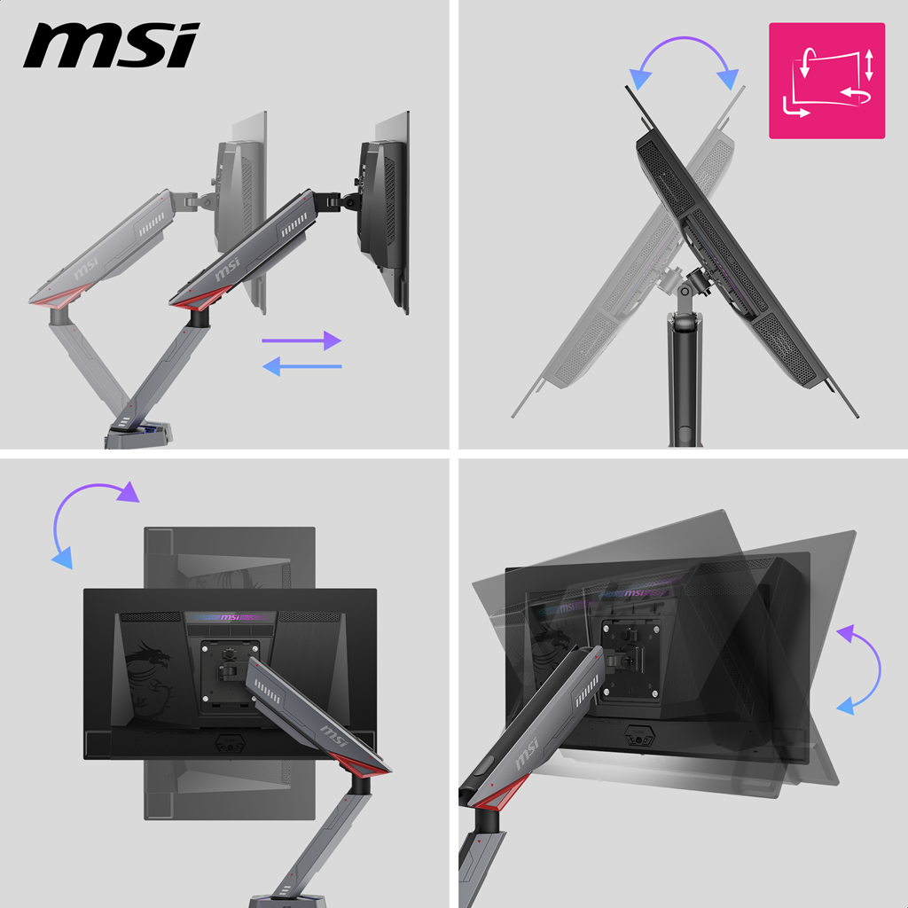 MSI MPG MT161DR Premium RGB Dual Monitor Arms, Iron Gray, Supports 17”-38", 35.2 lbs. per flat screen or 28.6 lbs. per curved screen
