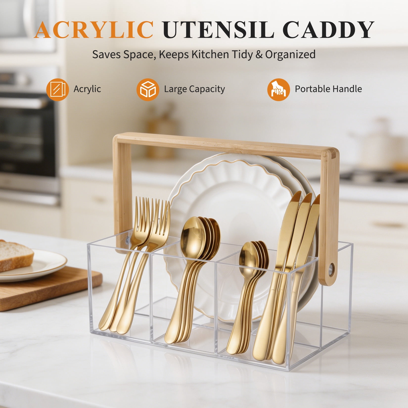 Clear Acrylic Utensil Organizer with Handle, 4 Compartment Cutlery Holder with Drain Holes, Portable Flatware Caddy for Kitchen Counter, Picnic, Party, Buffet, Bathroom Storage