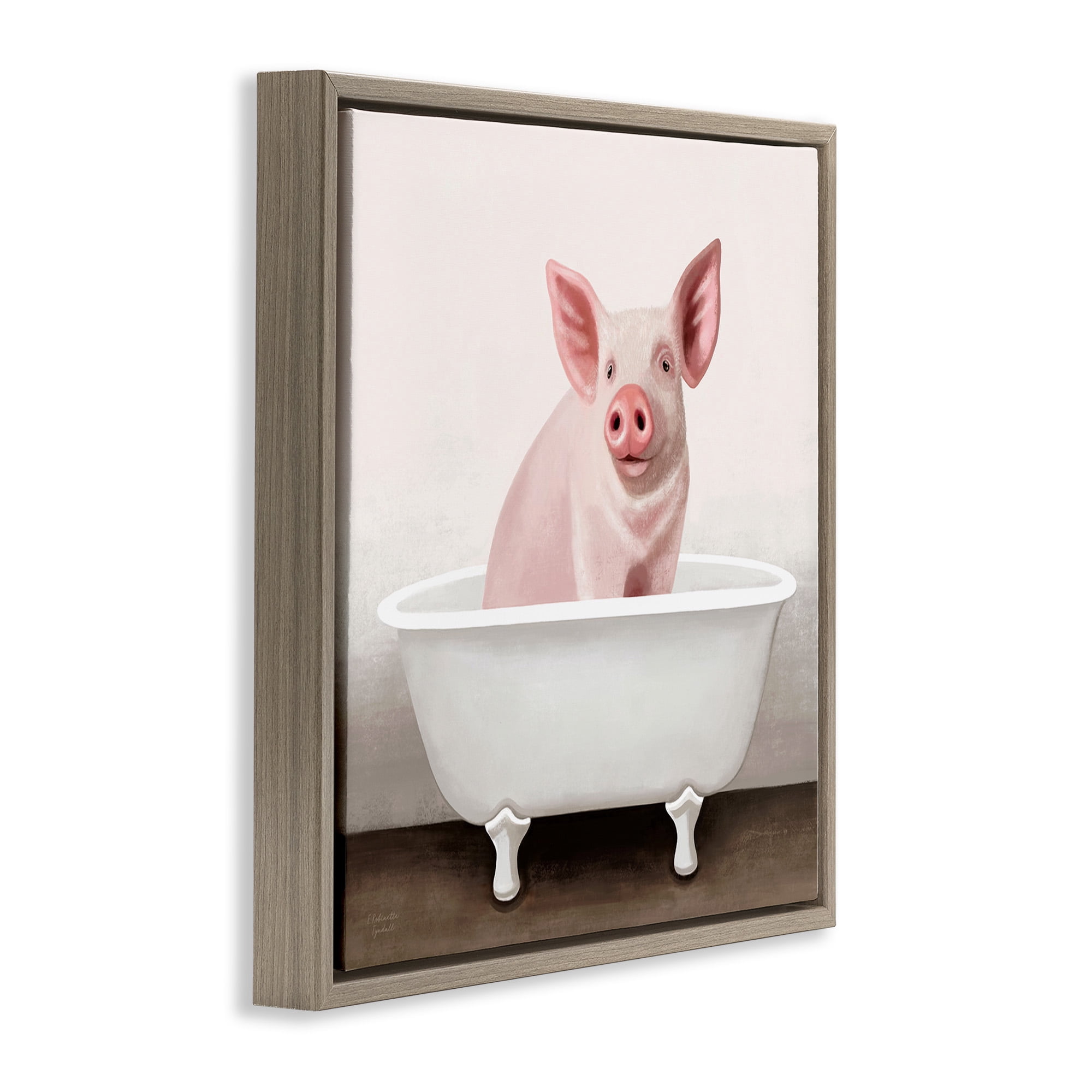Stupell Industries Pink Farm Pig in Country Bath Tub Animals & Insects Painting Brown Floater Framed Canvas Art Print Wall Art, 18 x 18