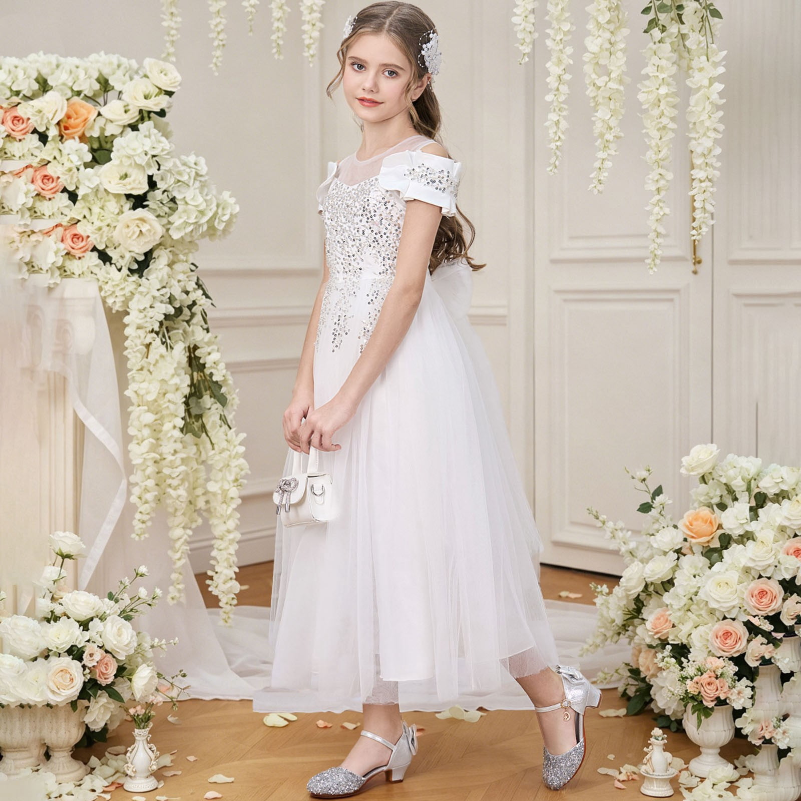 Wdgfv Elegant Off Shoulder Girls Dresses Tutu Skirt For Wedding Party Pageant Casual Wear Floral Appliques Gown