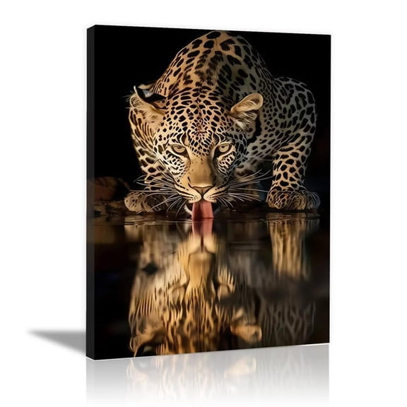 Mudket Leopard Drinking Water with Reflection Canvas Wall Art, Realistic Safari Wildlife Canvas Art for Living Room Bedroom Print for Office Home Decor , Framed Ready to Hang - 12"L x 8"W