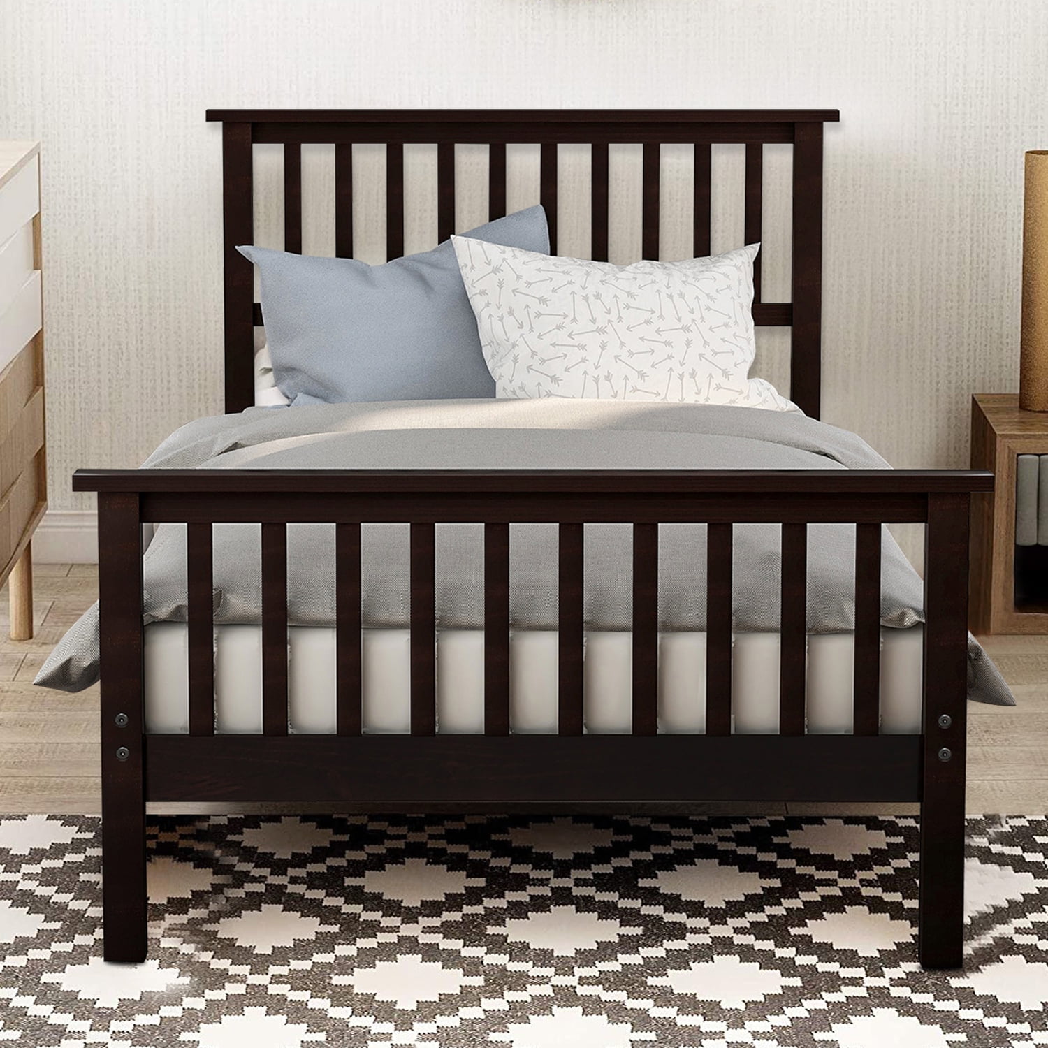 Espresso. Wood Platform Bed with Headboard/Footboard/Wood Slat Support/No Box Spring Needed Twin