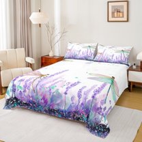 Homewish Floral Lavender Full Size Sheets 4-Piece for Kids Children Teens Girls,Flying Butterflies Breathable Bed Sheets,Spring Garden Lightweight Sheet Sets,Microfiber Bedroom Decor