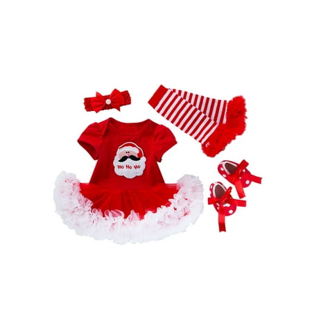 

Cindysus Baby Dress Set Christmas Outfits Crew Neck 4Pcs Sets Cute Patchwork Short Sleeve Bodysuits Santa Claus 59cm (0-3M)