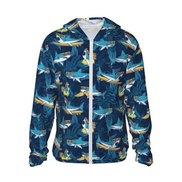 Balery Cartoon Surfer Sharks Sudadera ligera de manga larga con capucha y protección solar UPF 50+ para hombre y mujer, ideal para pesca y running-X-Large