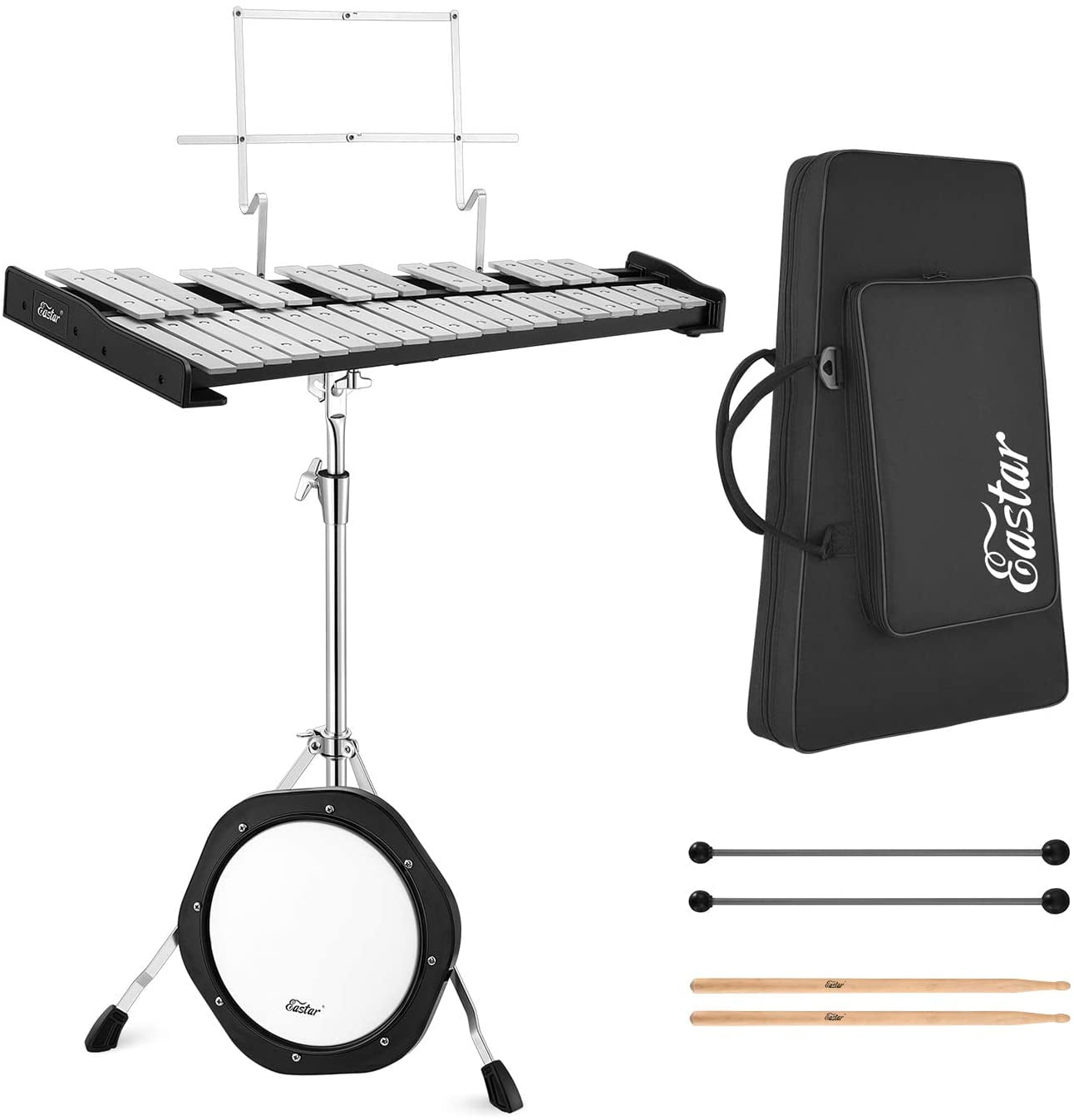 MIRIO Advanced 32 Note Glockenspiel Xylophone Bell Kit for Students Adults Sheet Music Stand Percussion Kit With Carry Bag Purple Drumsticks Height Adjustable Stand 8” Practice Pad 