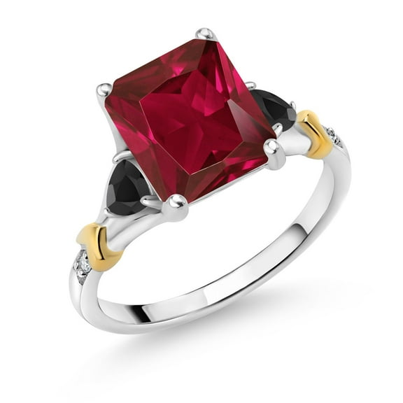 Gem Stone King 925 Silver and 10K Yellow Gold Red Created Ruby and Black Onyx and Diamond Engagement Ring for Women (4.06 Cttw, Emerald Cut 10X8MM, Trillion 3.5MM, Size 6)