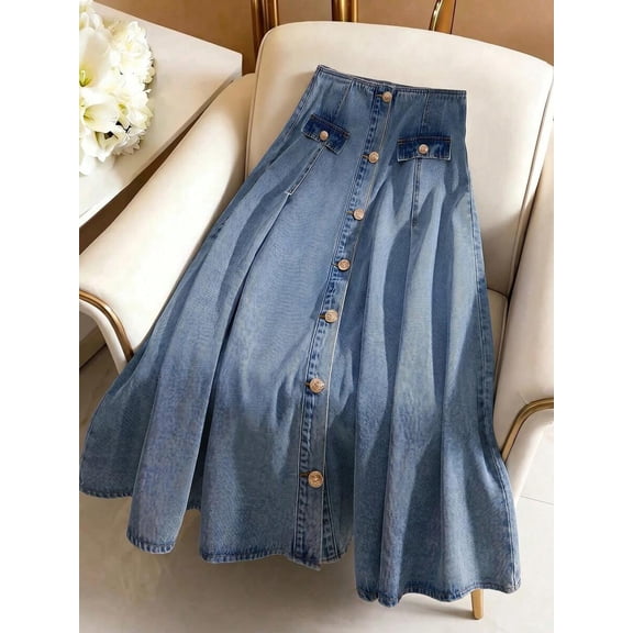 Womens Light Wash A-Line Denim Skirt With Front Button Closure