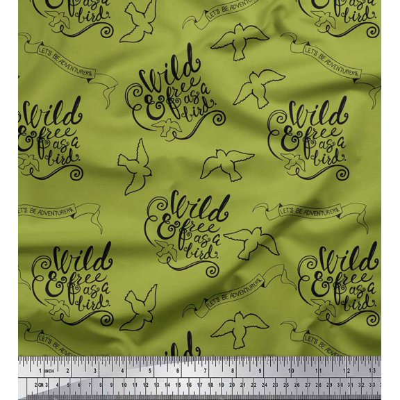 Soimoi Green Cotton Duck Fabric Text & Bird Tribal Decor Fabric Printed Yard 42 Inch Wide