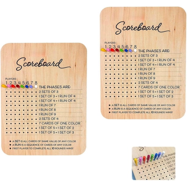 Tabla de puntuación de fase 10, tarjeta de puntuación de madera 2025 nueva fase 10 y rastrer redondo, juego de cartas de fase 10, hojas de puntuación para adultos familiares (A-2 piezas (con 16