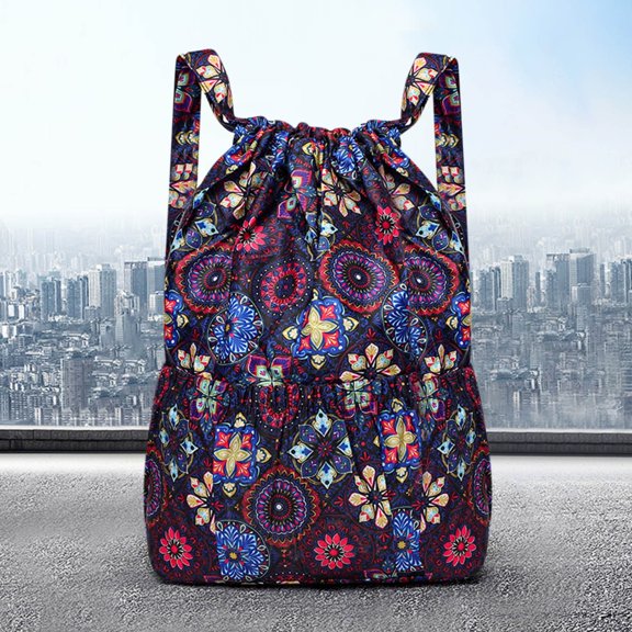 Sruoe Wet Dry Separation Drawstring Backpack, 35L Large Capacity Foldable Sports Duffle Bag, Waterproof Nylon Travel Gym Drawstring Pouch for Outdoor Short Trip Retro Flower