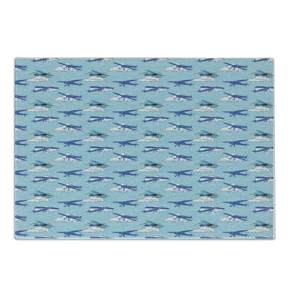 Vintage Airplane Cutting Board, Aircraft Silhouettes Flying in the Sky Above the Clouds, Decorative Tempered Glass Cutting and Serving Board, Small Size, Pale Blue Dark Blue, by Ambesonne