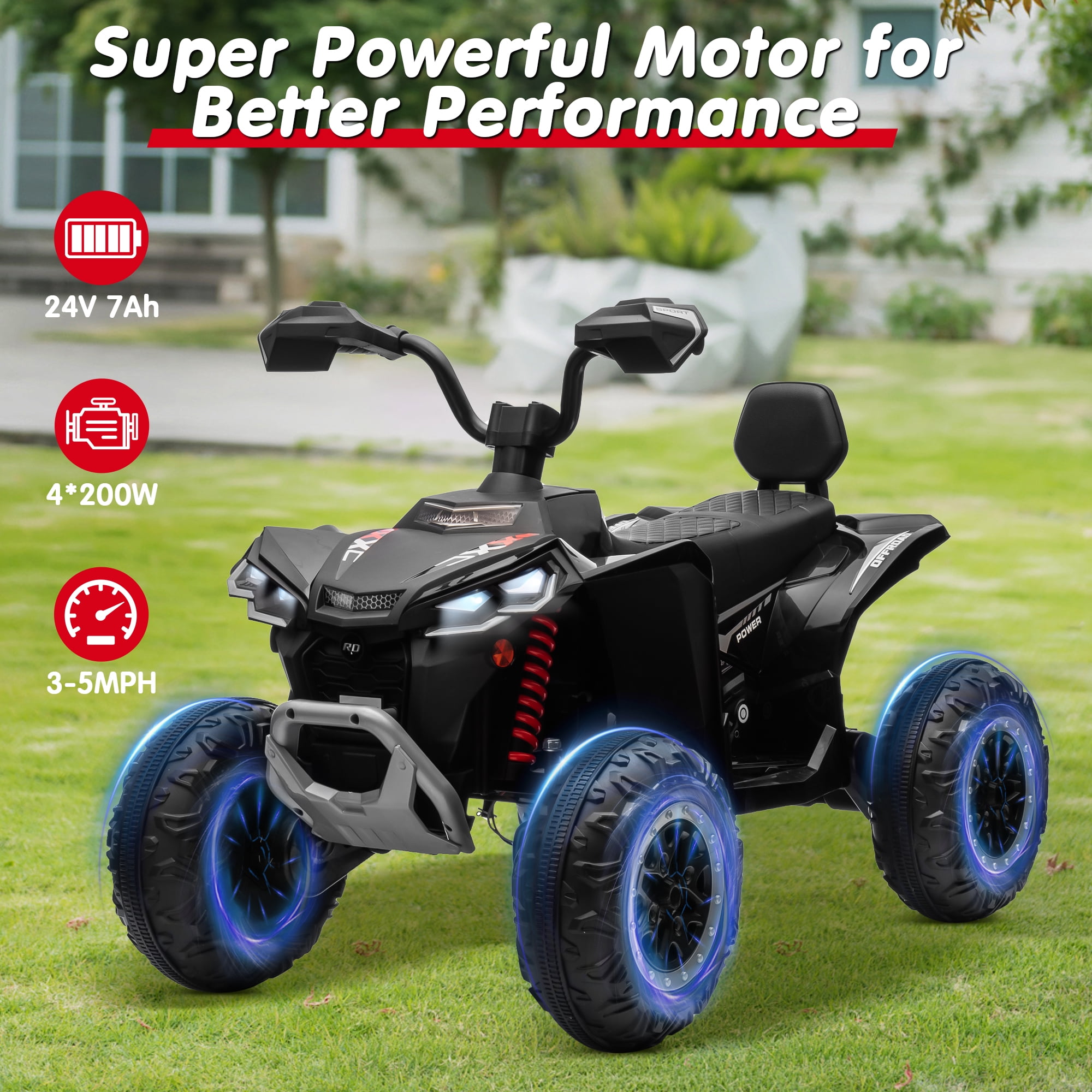 Joyracer 4WD 24V 2 Seaters Kids Ride on Toy, 4×200W Motors, 7AH Battery Powered Electric 4-Wheeler ATV w/ Kneepads, Music, Black