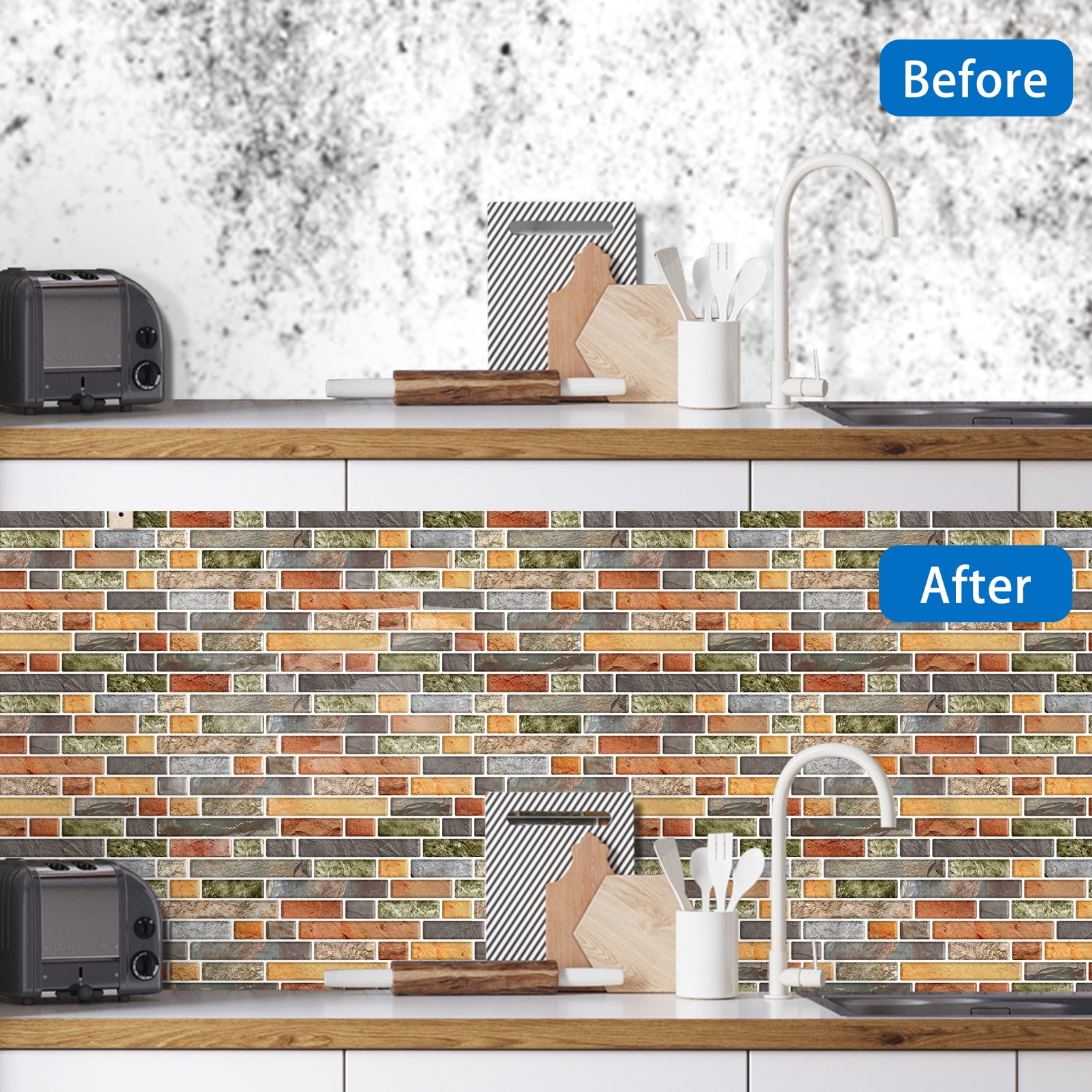 DEWOO Thick Kitchen Peel and Stick Tile Backsplash, Stick on Wall Tiles, 12"x12" Self Adhesive Sticky 3D Wall Marble Tiles Bathroom (10-Sheet，Multicolor)