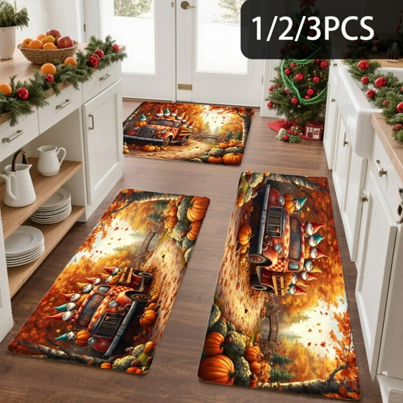 3PCS Kitchen Mat set,Welcome Door Flannel Rug,Home Decor for Front Door,Kitchen, Bathroom,Autumn Scenery With Pumpkins And ,Gifts for family and friends.