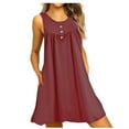 thumbnail image 2 of Ygbgbb Womens Summer Beach Dresses Mini Dress Round Neck Solid Color Sleeveless Dresses Casual Folded Waist Button Strap Dresses with Pockets Watermelon Red XL, 2 of 5