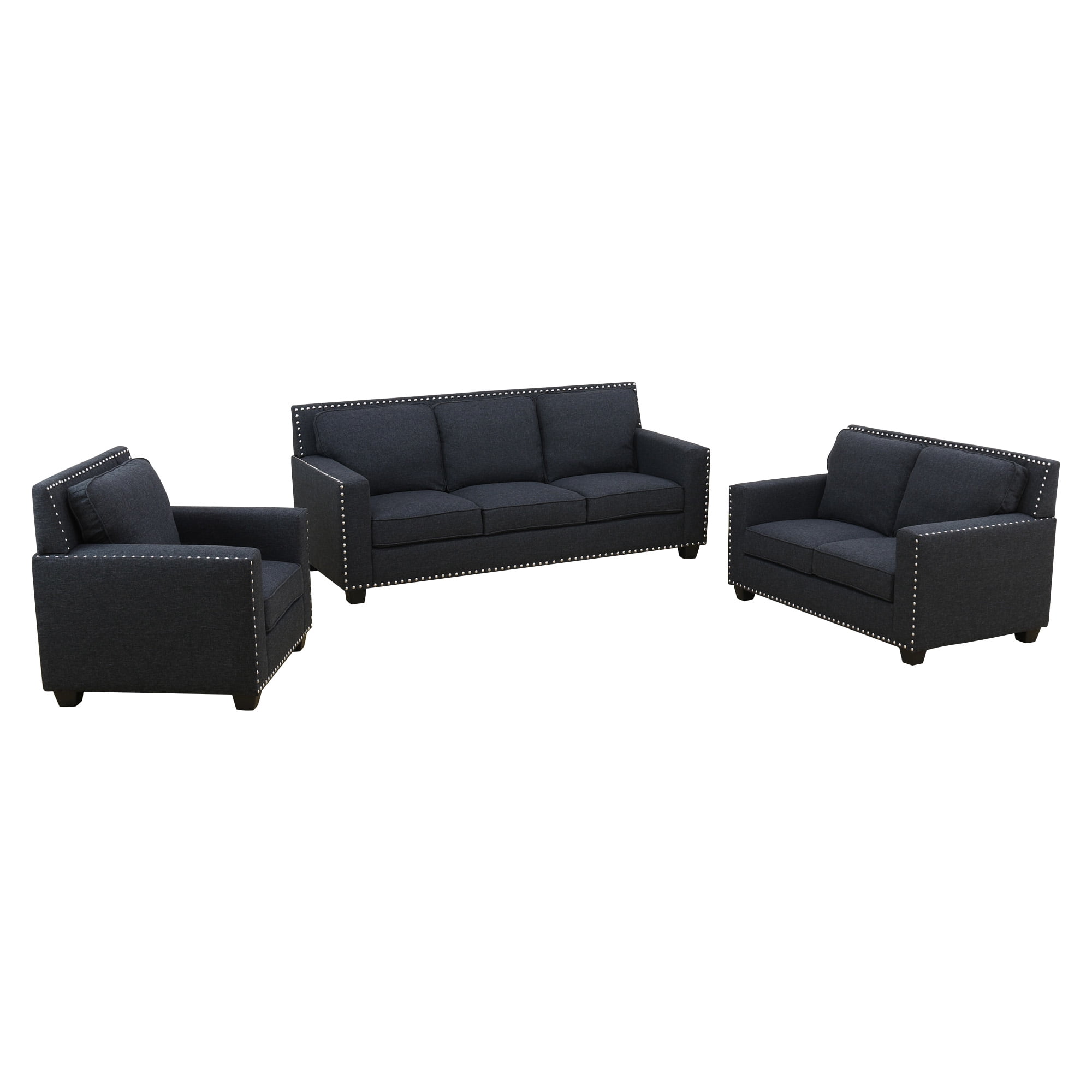 Aukfa 3-Piece Deep Seat Sofa Set for Living Room, 3-Seater Couch, Loveseat, Armchair, Linen, Black