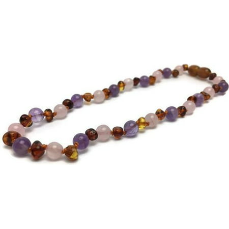11 12.5 inch or 14 Baltic Amber Teething Necklace Rainbow Cognac Amber Pink Rose Quartz Amethyst Baby, Infant,