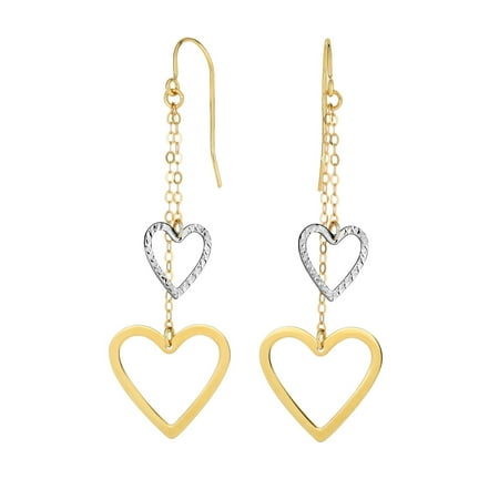 14K Yellow & White Gold Diamond Cut Open Heart Double Strand Drop Earrings with Euro Wire