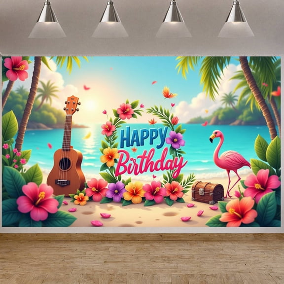 Colorful Tropical Banner Flamingo Themed Birthday Backdrop Hibiscus Floral Beach Birthday Background for Beach Luau Party Kids Birthday Celebration Outdoor Photo Shoot