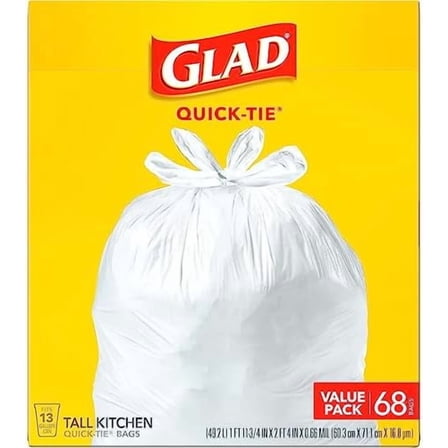 Glad Tall Kitchen Trash Bags 13 Gallon, Unscented Garbage Bags, Quick-Tie, 68 Count