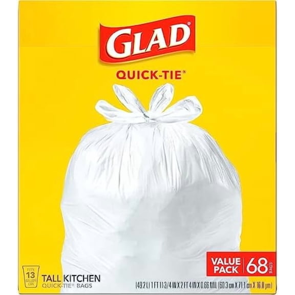 Glad Tall Kitchen Trash Bags 13 Gallon, Unscented Garbage Bags, Quick-Tie, 68 Count