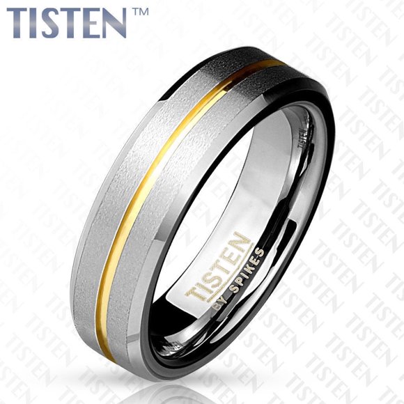 Tisten Tungsten Titanium Matte Finish with Gold IP Wedding Band Couples Ring