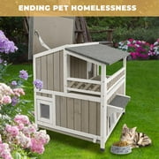 Gowoodhut Cat House Two-Story Wooden Feral Cat Shelter with Balcony for Indoor & Outdoor , Gray