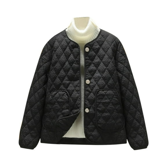 DHFJKG Women's Thickened Quilted Jacket Solid Color Long Sleeve Crewneck Button Up Outwear Casual Coat With Large Pockets Elegant Soft Outerwear