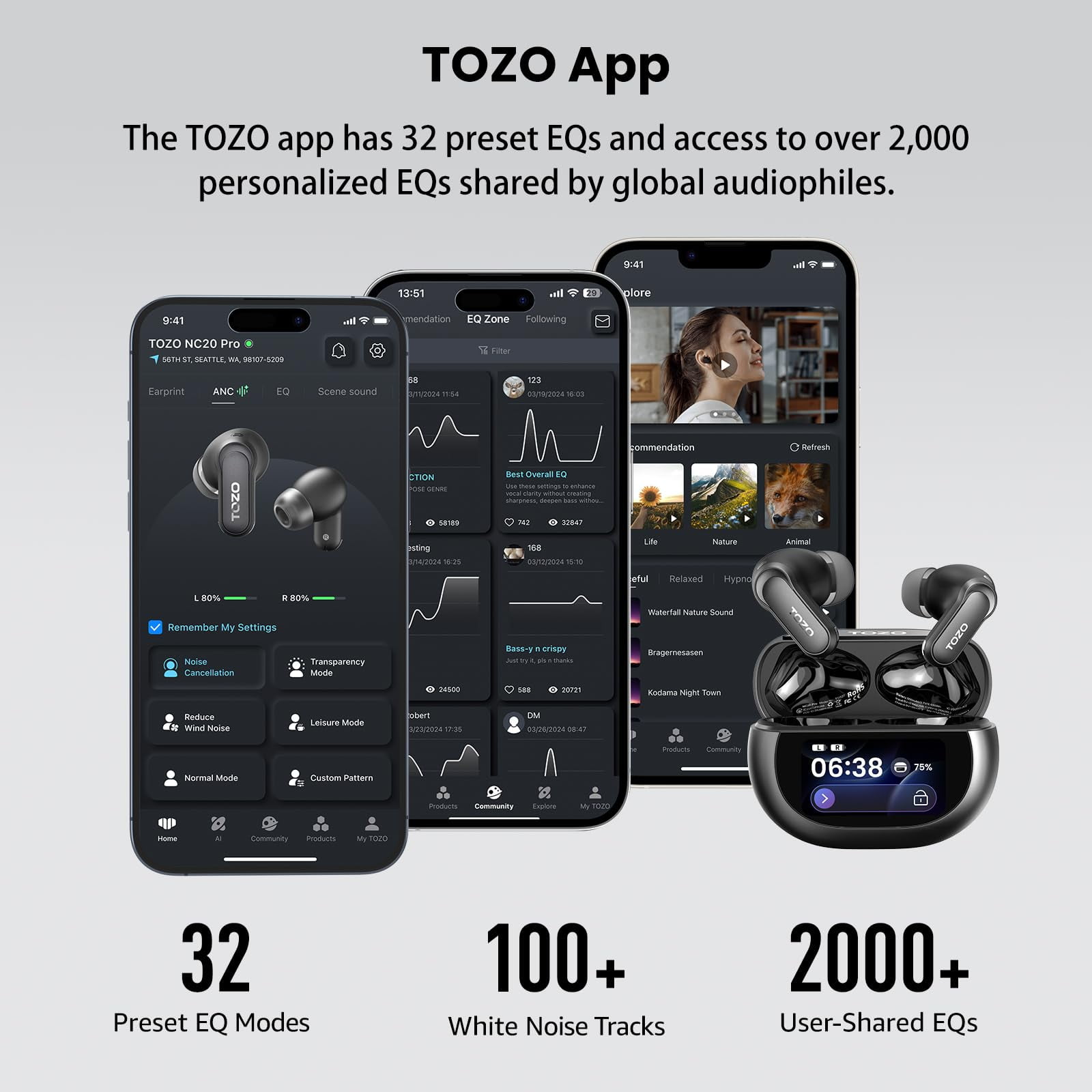 TOZO NC20 Pro Smart Touch Noise Cancelling Earbuds,Bluetooth Headphones with AI Assistant,6 Mics Clear Calls,80H,LDAC Hi-Res Audio,In-Ear Detection,Dual Pairing,App-32EQ,Waterproof Wireless Charging