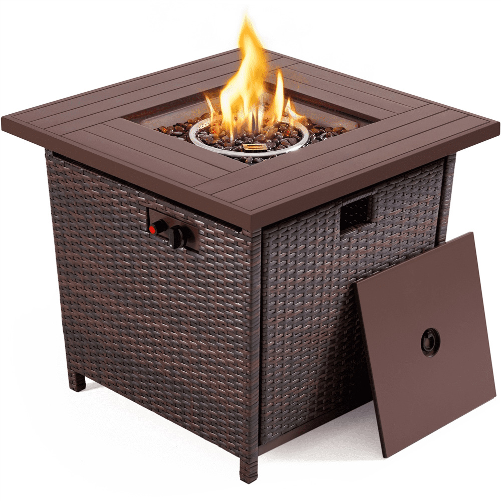 Yaheetech 28in Wicker Fire Pit Table W/Glass Fire Stones & Water