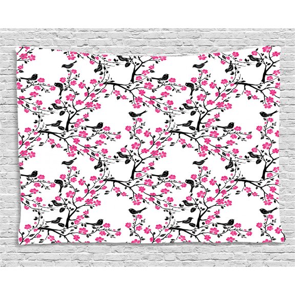 Cherry Blossom Tapestry, Sakura Tree with Flourishing Flowers and Birds Black Silhouettes, Wall Hanging for Bedroom Living Room Dorm Decor, 60W X 40L Inches, Black Hot Pink White, by Ambesonne