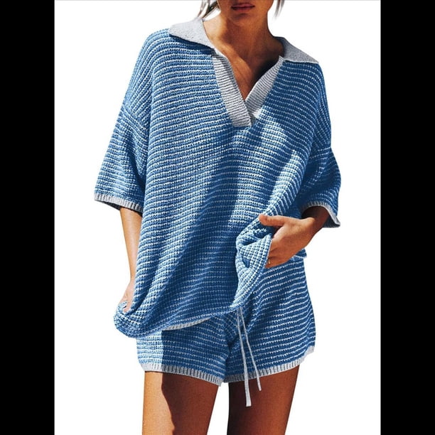 Conjunto de Suéter de Mujer de 2 Piezas, Top de Punto con Cuello en V y Mangas 3/4 Extragrandes, Pantalones Cortos de Cintura Alta, Conjuntos de Estar por Casa. Azul L